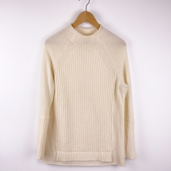 J. Crew Mockneck Tunic Sweater Cream Fine Wool Women's Small Mixed Fabric H4391 - Picture 2 of 9